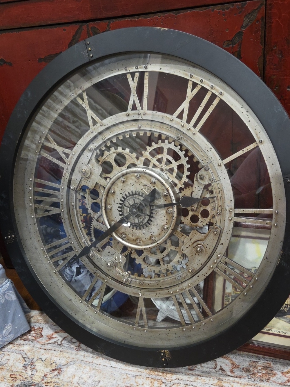 Oversized Mechanical Gear Wall Clock in Black and Antique Silver